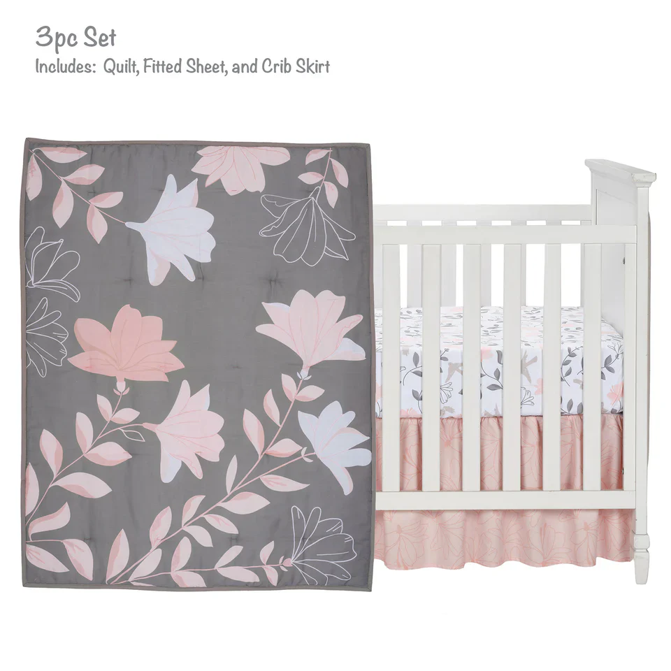 Lambs & Ivy Petals Gray/Pink Sateen Cotton Floral 3-Piece Baby Crib Bedding Set - Image 2