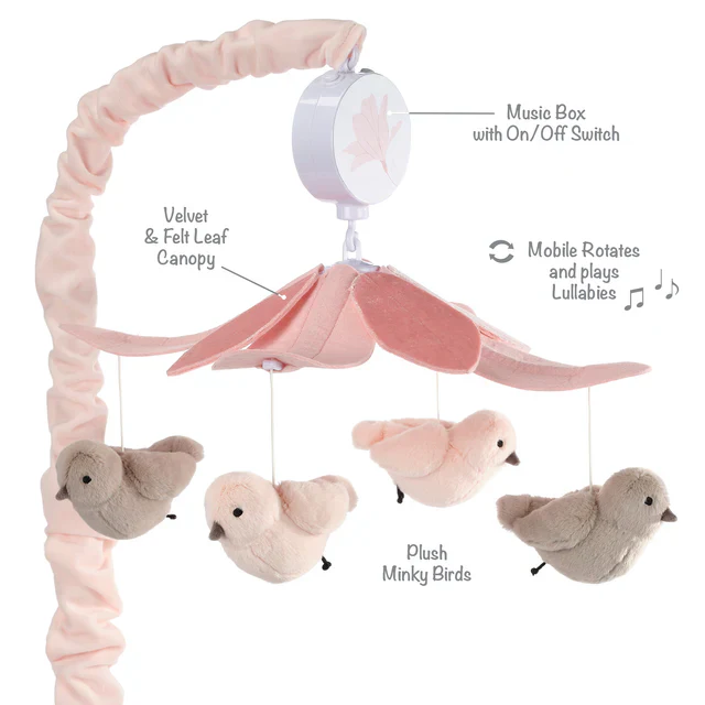 Lambs & Ivy Petals Pink/Gray Birds Musical Baby Crib Mobile Soother Toy - Image 3