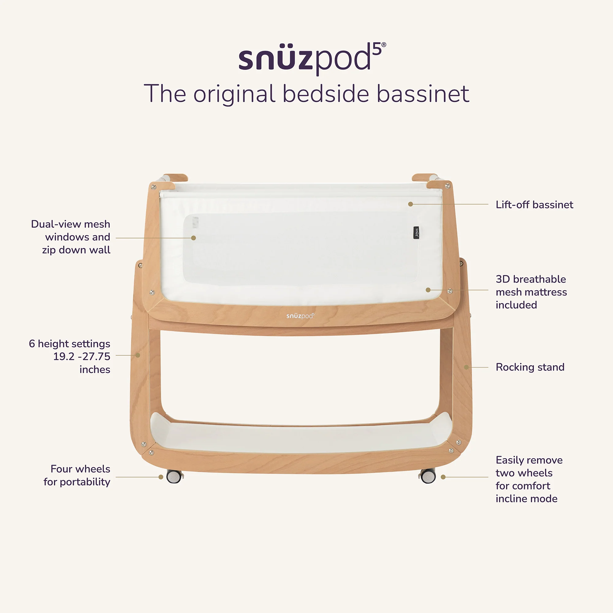 Snuz SnuzPod5 Bedside Bassinet - Natural - Image 10